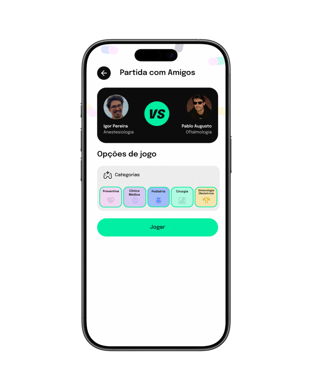 Tela do modo Amigos do MedPlay, para desafiar colegas em partidas em tempo real